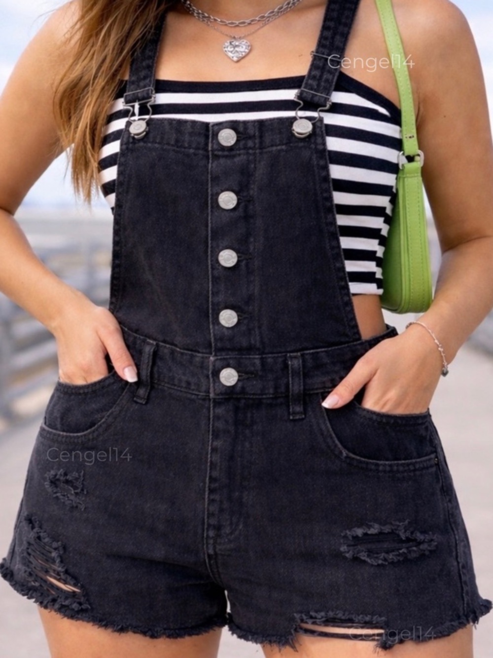 PacSun Black Denim Overall Shorts Distressed Y2K Romper Size 29